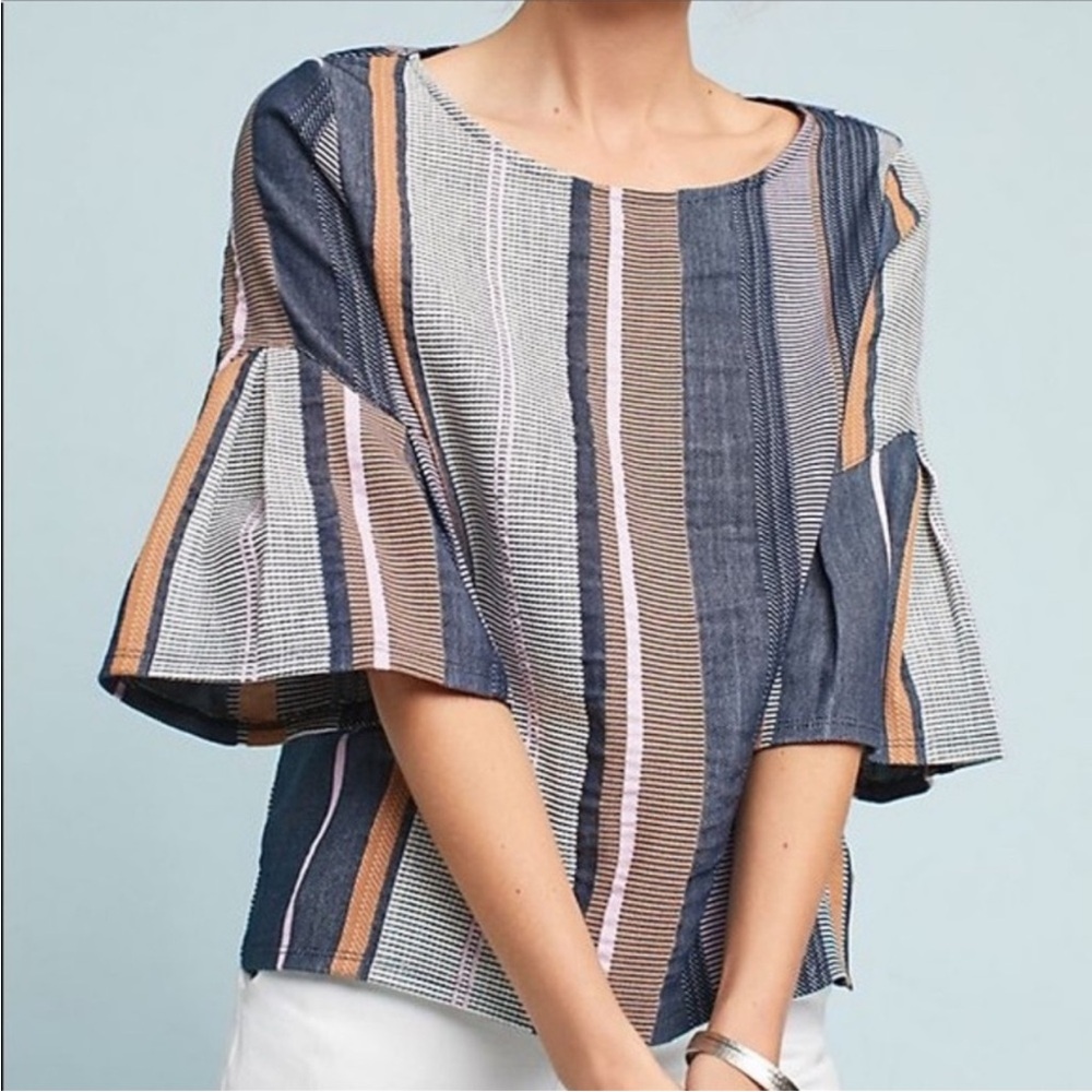 Anthropologie DOLAN Horizontal Stripe Jacquard Bell Sleeve Rustic Top Size 8